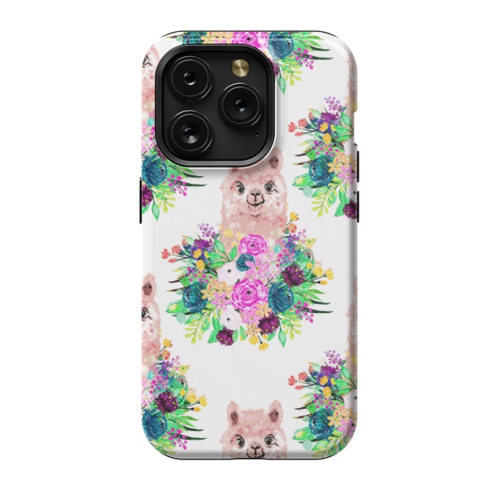 iPhone 15 Pro StrongFit Cute Pink Alpaca and Flowers Watercolor paint by InovArts