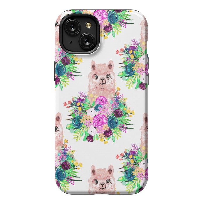 iPhone 15 Plus StrongFit Cute Pink Alpaca and Flowers Watercolor paint by InovArts