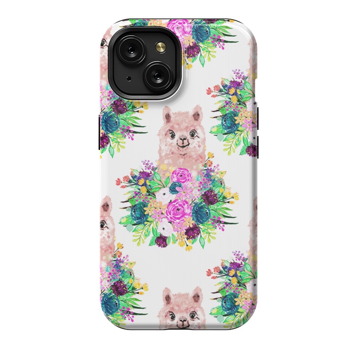 iPhone 15 StrongFit Cute Pink Alpaca and Flowers Watercolor paint by InovArts
