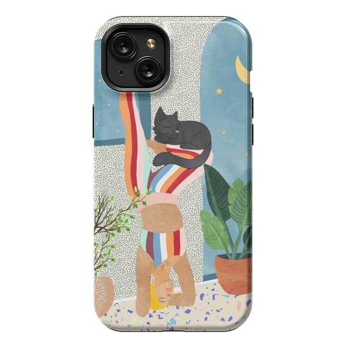 iPhone 15 Plus StrongFit Headstand, Cat Yoga, Active Woman Workout, Eclectic Colorful Pets Terrazzo by Uma Prabhakar Gokhale
