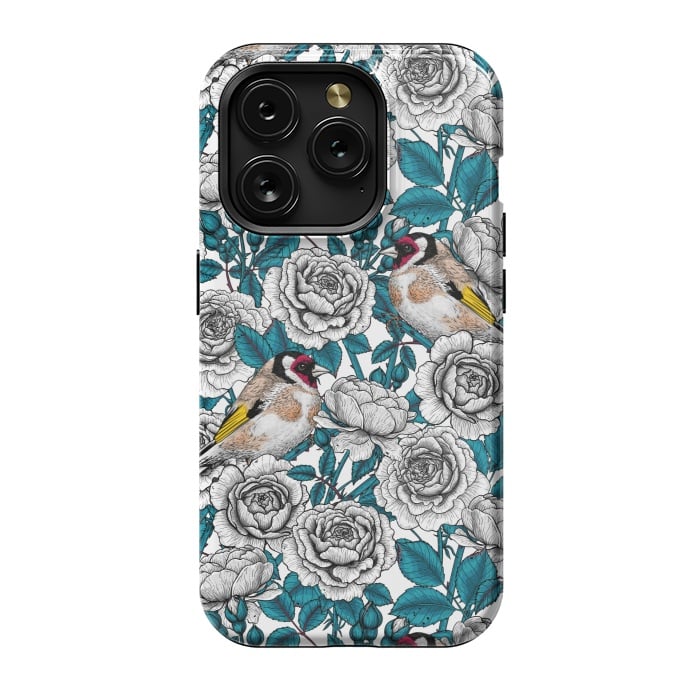 iPhone 15 Pro StrongFit White rose flowers and goldfinch birds by Katerina Kirilova