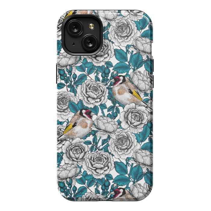 iPhone 15 Plus StrongFit White rose flowers and goldfinch birds by Katerina Kirilova