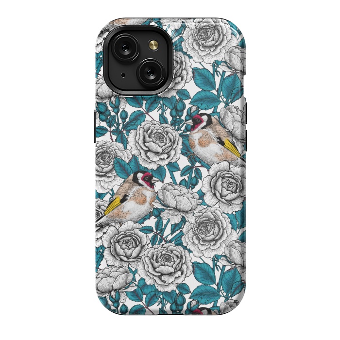 iPhone 15 StrongFit White rose flowers and goldfinch birds by Katerina Kirilova