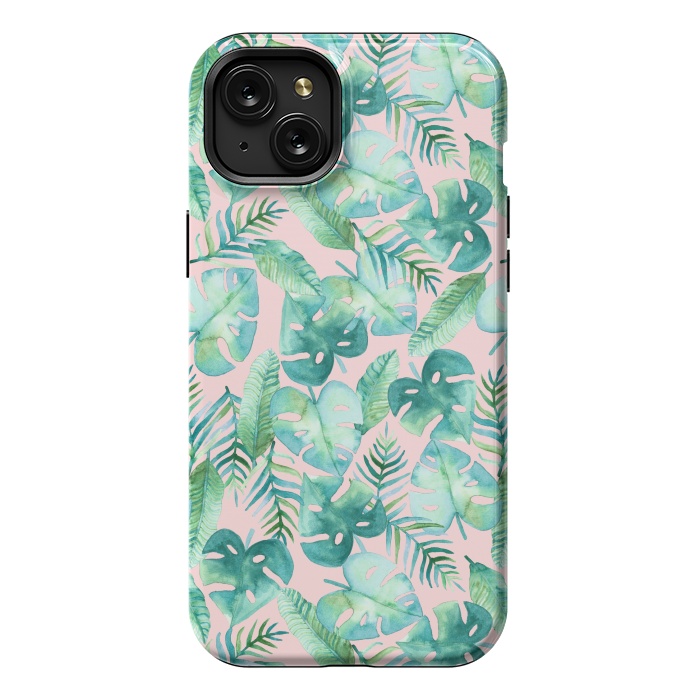 iPhone 15 Plus StrongFit Cyan Tropical Jungle on Pink by Tangerine-Tane