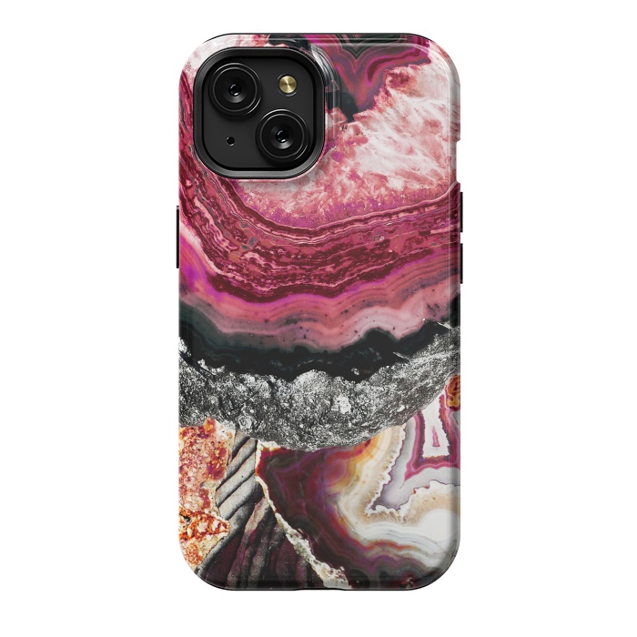 iPhone 15 StrongFit Vibrant pink gold agate geode stones by Oana 