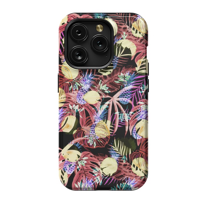 iPhone 15 Pro StrongFit Colourful painted tropical leaves and pineapples by Oana 