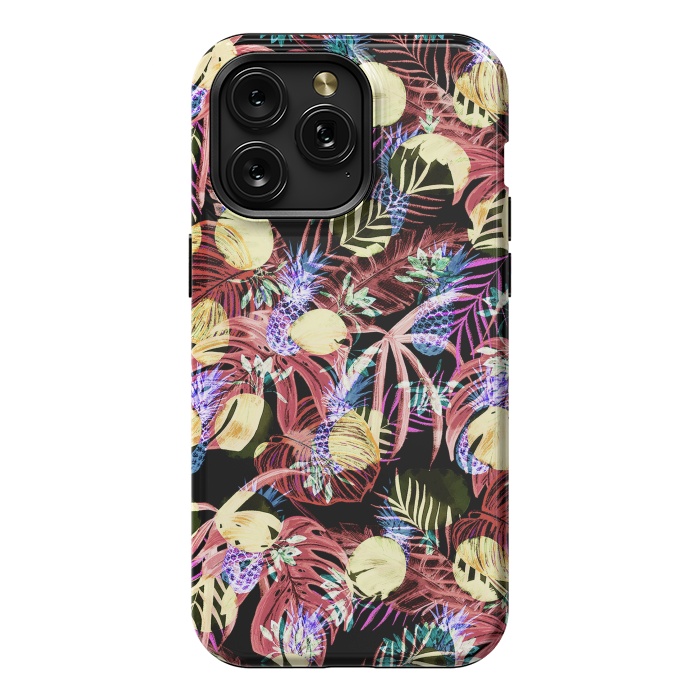 iPhone 15 Pro Max StrongFit Colourful painted tropical leaves and pineapples by Oana 