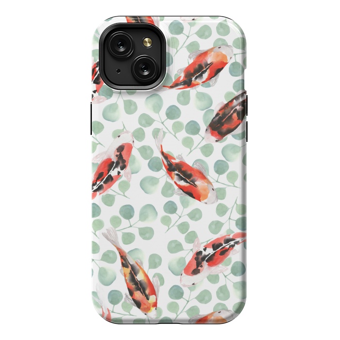 iPhone 15 Plus StrongFit Koi fish. White pattern by Julia Badeeva