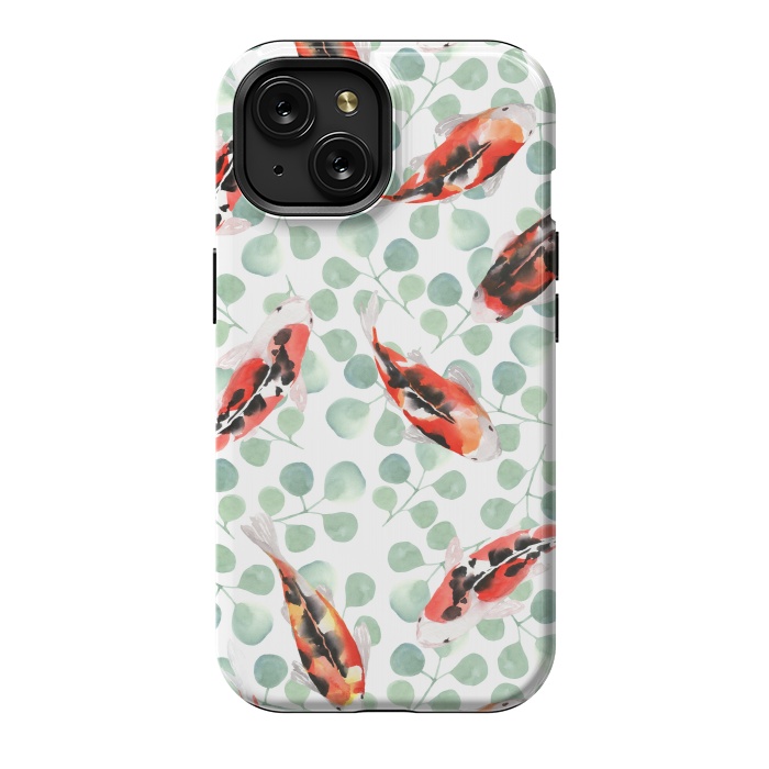 iPhone 15 StrongFit Koi fish. White pattern by Julia Badeeva