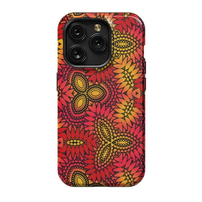 iPhone 15 Pro StrongFit Mandala style red and yellow decorative design by Josie