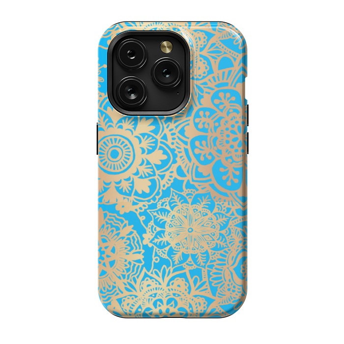 iPhone 15 Pro StrongFit Light Blue and Gold Mandala Pattern by Julie Erin Designs