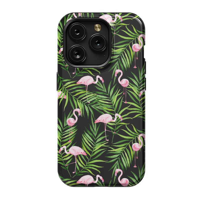 iPhone 15 Pro StrongFit Pink flamingo ang palm leaves by Julia Badeeva