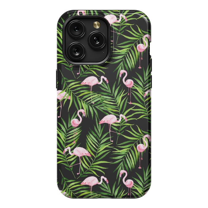 iPhone 15 Pro Max StrongFit Pink flamingo ang palm leaves by Julia Badeeva