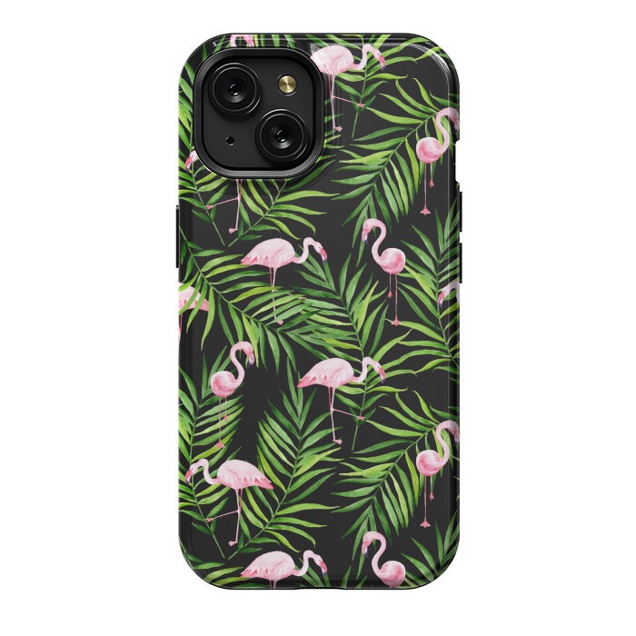 iPhone 15 StrongFit Pink flamingo ang palm leaves by Julia Badeeva