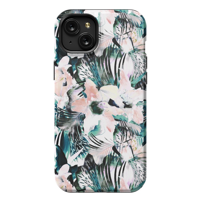 iPhone 15 Plus StrongFit Tropical flowers and palm leaves by Oana 