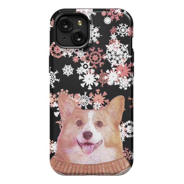 iPhone 15 Plus StrongFit Cute corgi and white rose gold snowflakes by Oana 