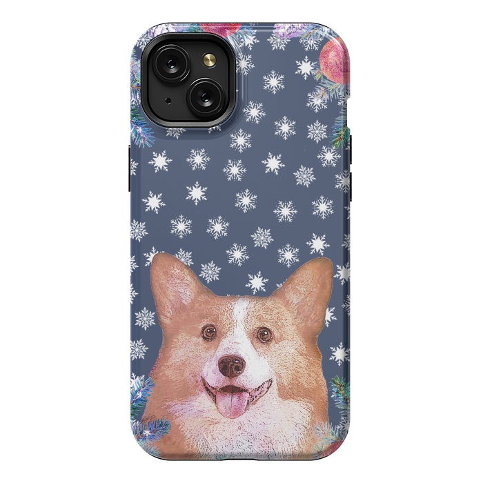 iPhone 15 Plus StrongFit Corgi, snowflakes and winter decorations by Oana 
