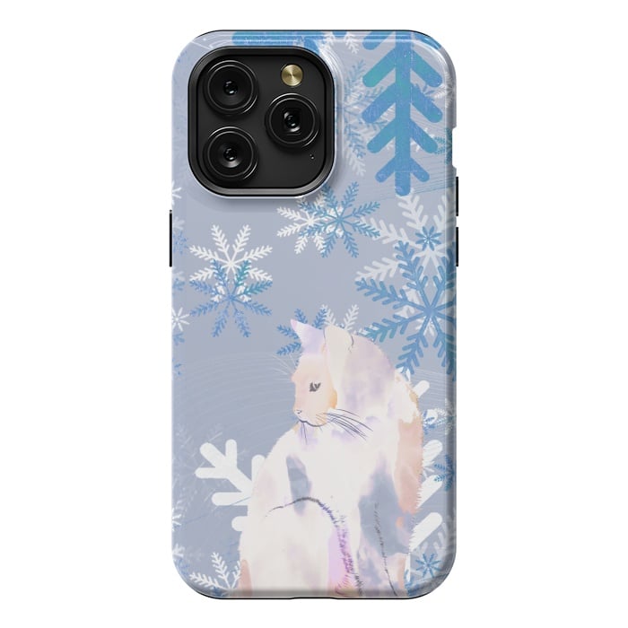 iPhone 15 Pro Max StrongFit Cat and metallic blue snowflakes watercolor illustration by Oana 