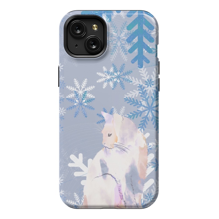 iPhone 15 Plus StrongFit Cat and metallic blue snowflakes watercolor illustration by Oana 