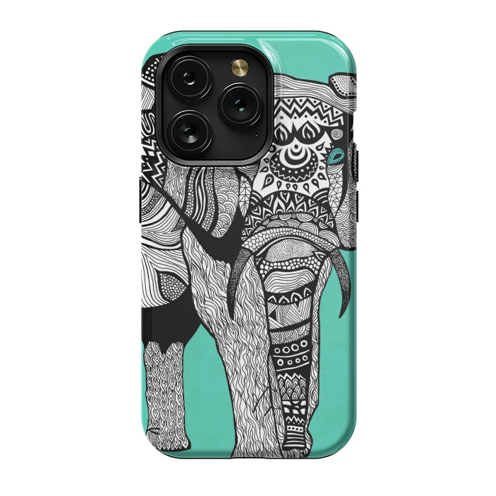 iPhone 15 Pro StrongFit Turquoise Elephant by Pom Graphic Design