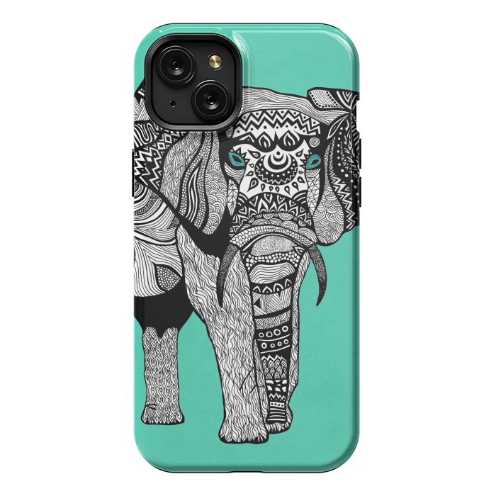 iPhone 15 Plus StrongFit Turquoise Elephant by Pom Graphic Design