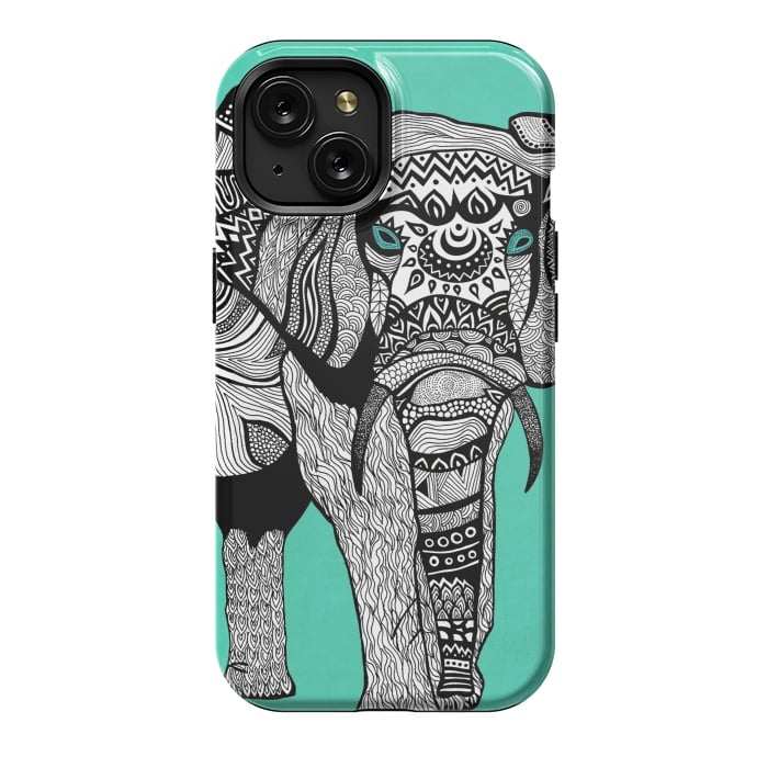 iPhone 15 StrongFit Turquoise Elephant by Pom Graphic Design
