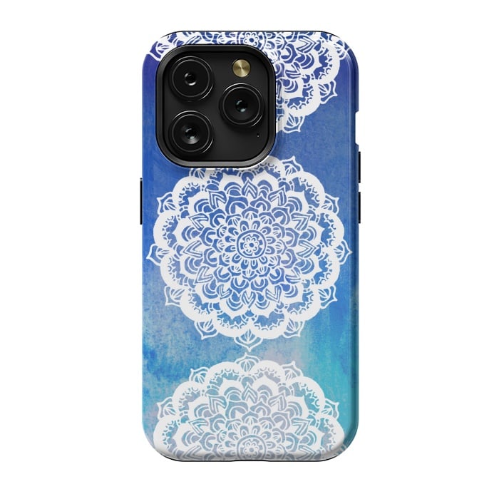 iPhone 15 Pro StrongFit Intricate Mandala on Watercolor Blue by Tangerine-Tane