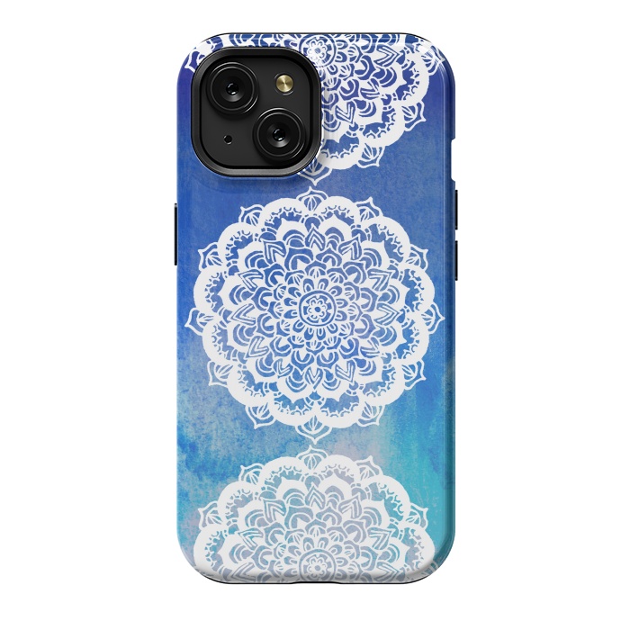 iPhone 15 StrongFit Intricate Mandala on Watercolor Blue by Tangerine-Tane
