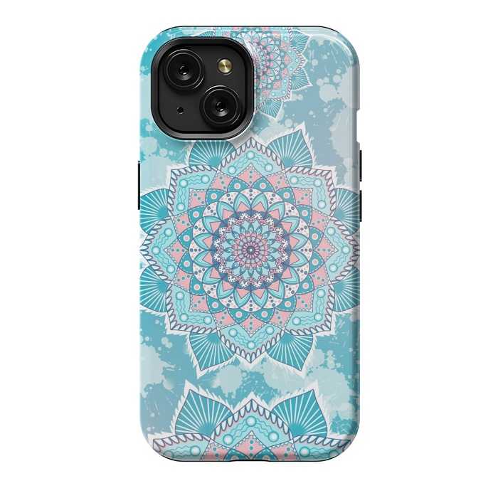 iPhone 15 StrongFit Flower mandala turquoise blue by Jms