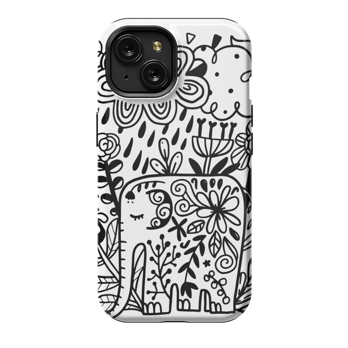iPhone 15 StrongFit Doodle elephant and flowers by Anna Alekseeva
