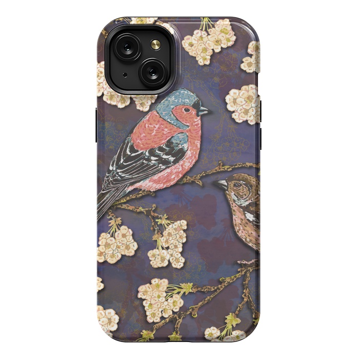 iPhone 15 Plus StrongFit Chaffinches in Cherry Blossom by Lotti Brown