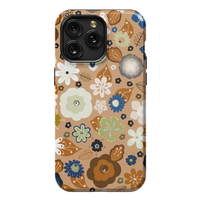iPhone 15 Pro Max StrongFit Kitsch 70s Flowers in Classic Blue and Brown by Paula Ohreen