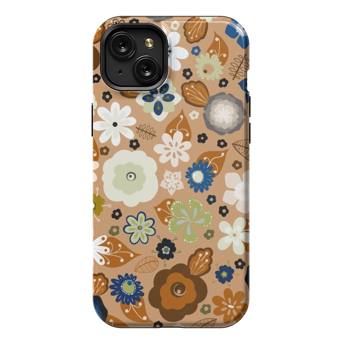 iPhone 15 Plus StrongFit Kitsch 70s Flowers in Classic Blue and Brown by Paula Ohreen