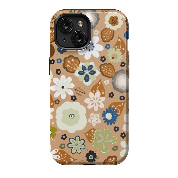 iPhone 15 StrongFit Kitsch 70s Flowers in Classic Blue and Brown by Paula Ohreen