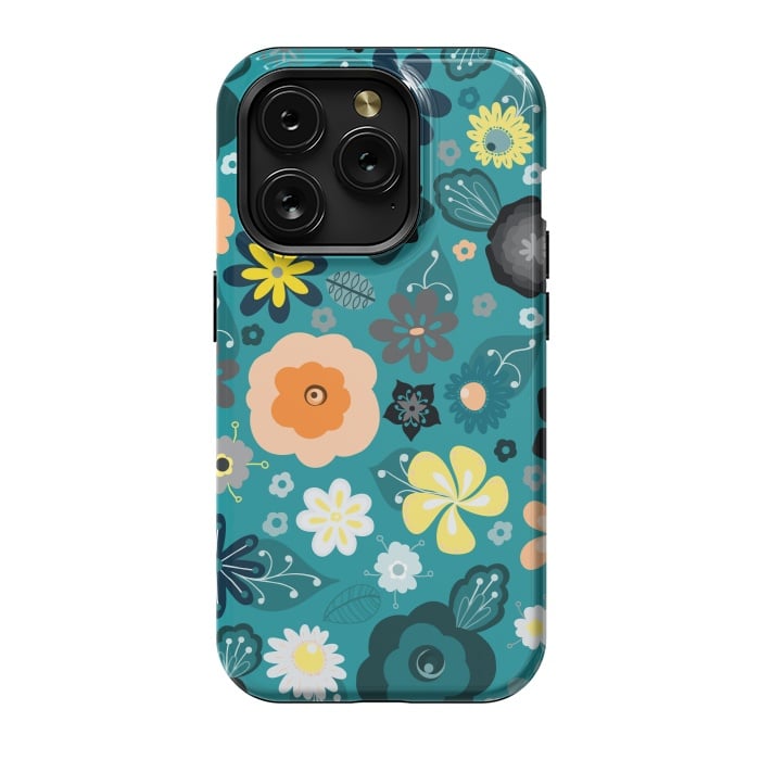 iPhone 15 Pro StrongFit Kitsch 70s Flowers in Classic Blue and Yellow by Paula Ohreen