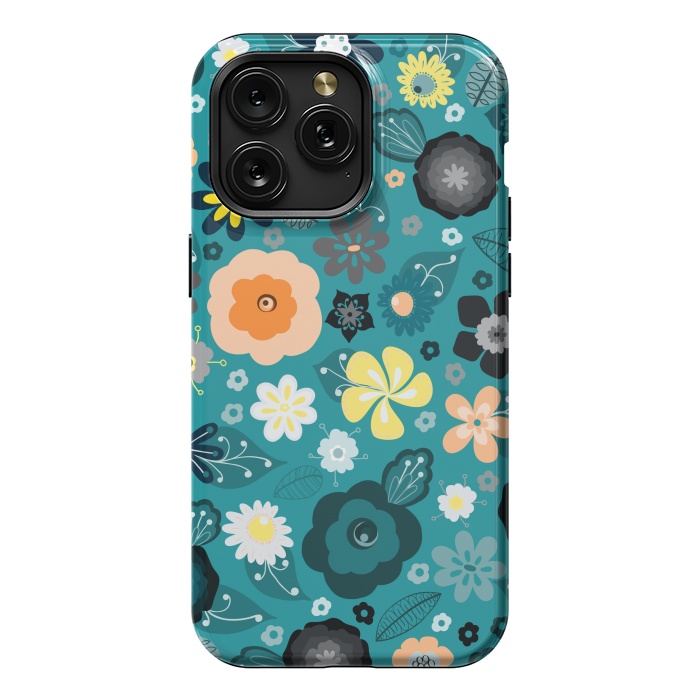 iPhone 15 Pro Max StrongFit Kitsch 70s Flowers in Classic Blue and Yellow by Paula Ohreen