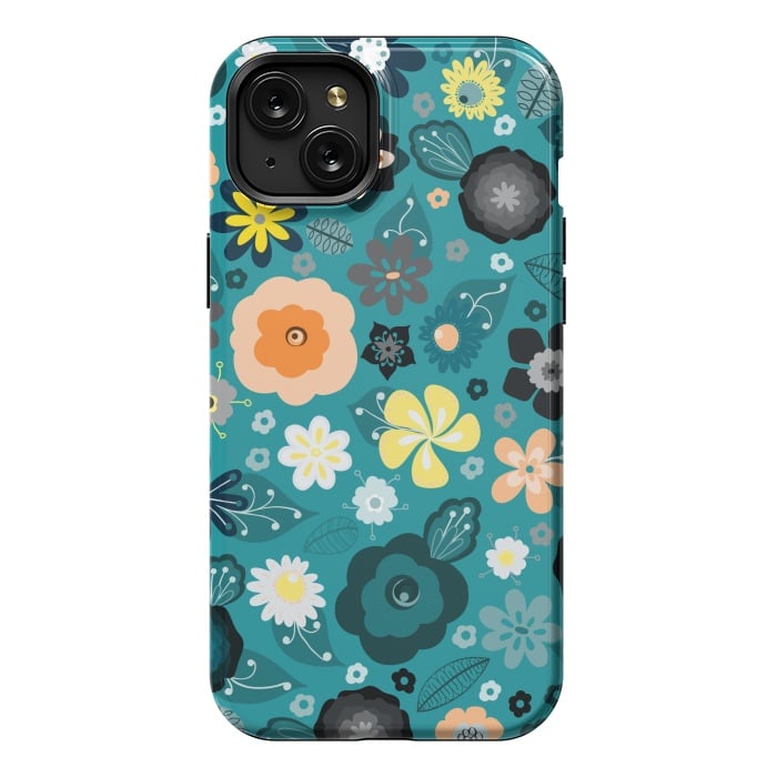 iPhone 15 Plus StrongFit Kitsch 70s Flowers in Classic Blue and Yellow by Paula Ohreen