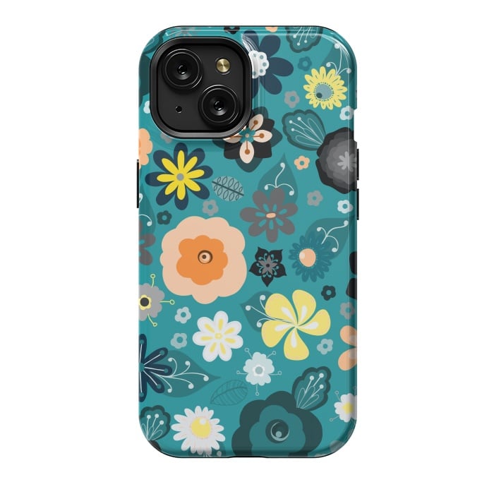 iPhone 15 StrongFit Kitsch 70s Flowers in Classic Blue and Yellow by Paula Ohreen