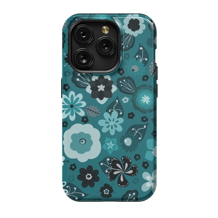 iPhone 15 Pro StrongFit Kitsch 70s Flowers in Monochrome Classic Blue by Paula Ohreen