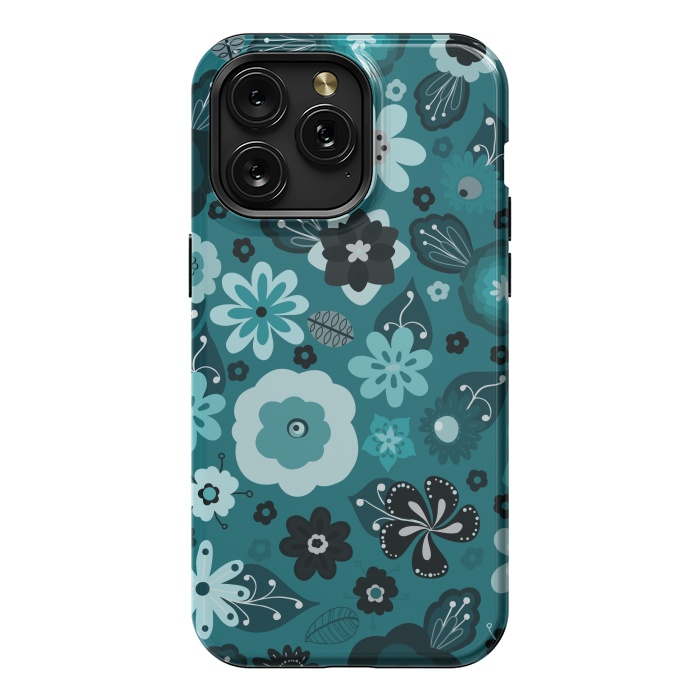 iPhone 15 Pro Max StrongFit Kitsch 70s Flowers in Monochrome Classic Blue by Paula Ohreen