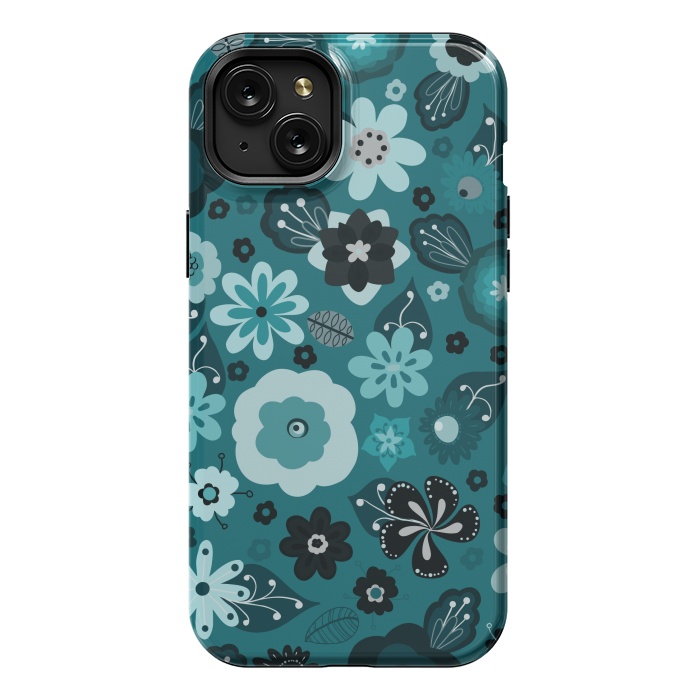 iPhone 15 Plus StrongFit Kitsch 70s Flowers in Monochrome Classic Blue by Paula Ohreen