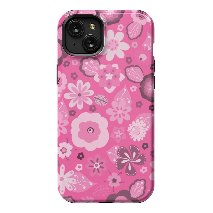 iPhone 15 Plus StrongFit Kitsch 70s Flowers in Bright Pink Hues by Paula Ohreen