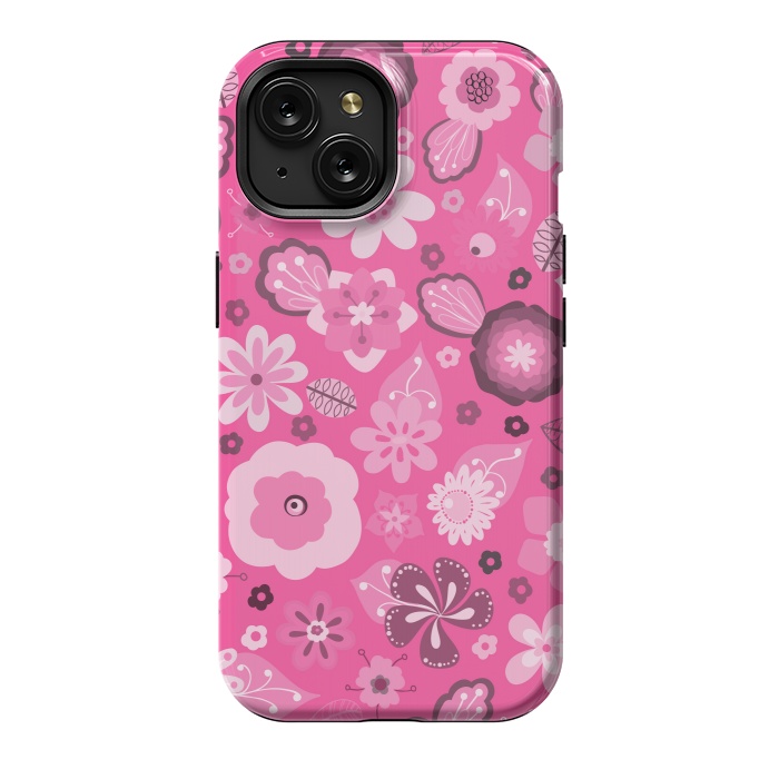 iPhone 15 StrongFit Kitsch 70s Flowers in Bright Pink Hues by Paula Ohreen