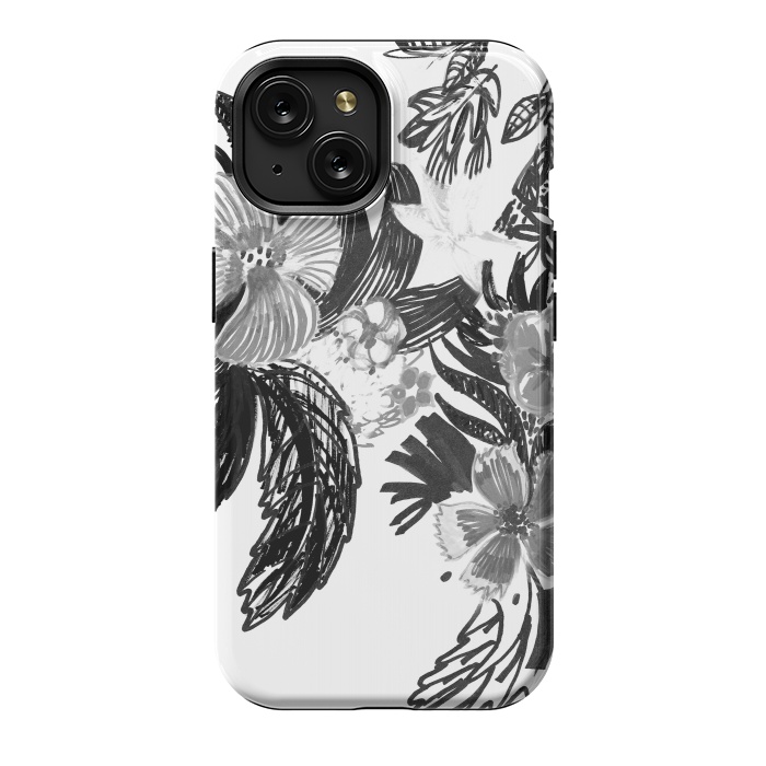 iPhone 15 StrongFit Black ink sketched flowers by Oana 