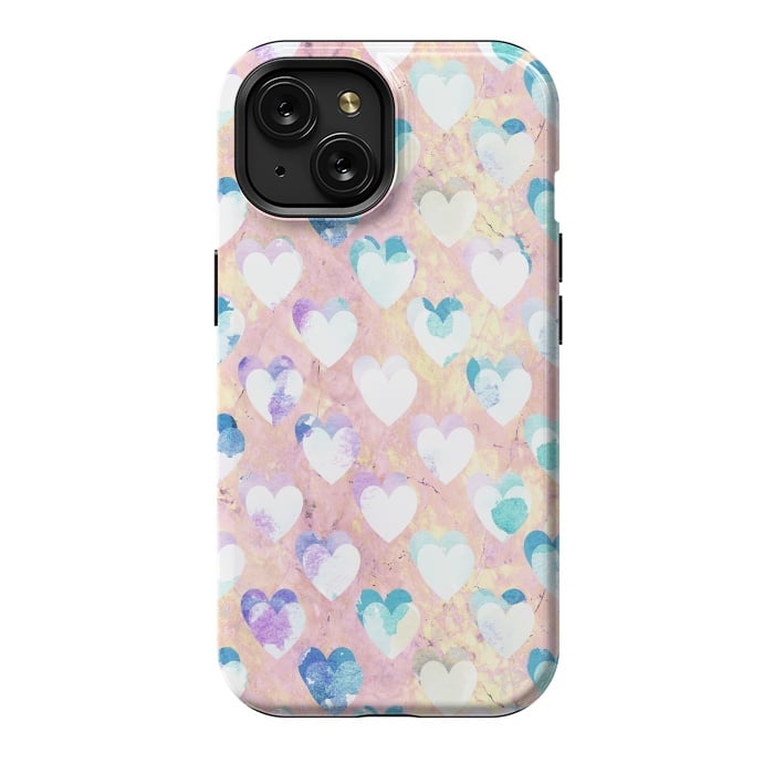 iPhone 15 StrongFit Pastel painted hearts on pink marble Valentine by Oana 