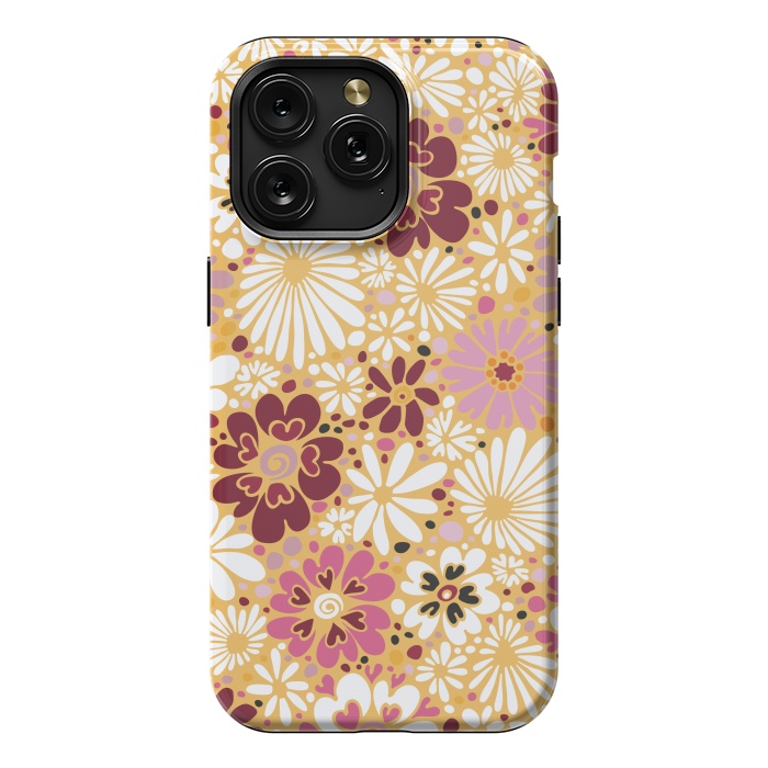 iPhone 15 Pro Max StrongFit 70s Valentine Flowers in Pink, Cream and Yellow by Paula Ohreen