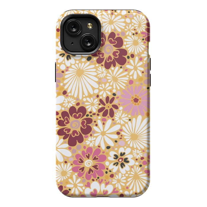 iPhone 15 Plus StrongFit 70s Valentine Flowers in Pink, Cream and Yellow by Paula Ohreen
