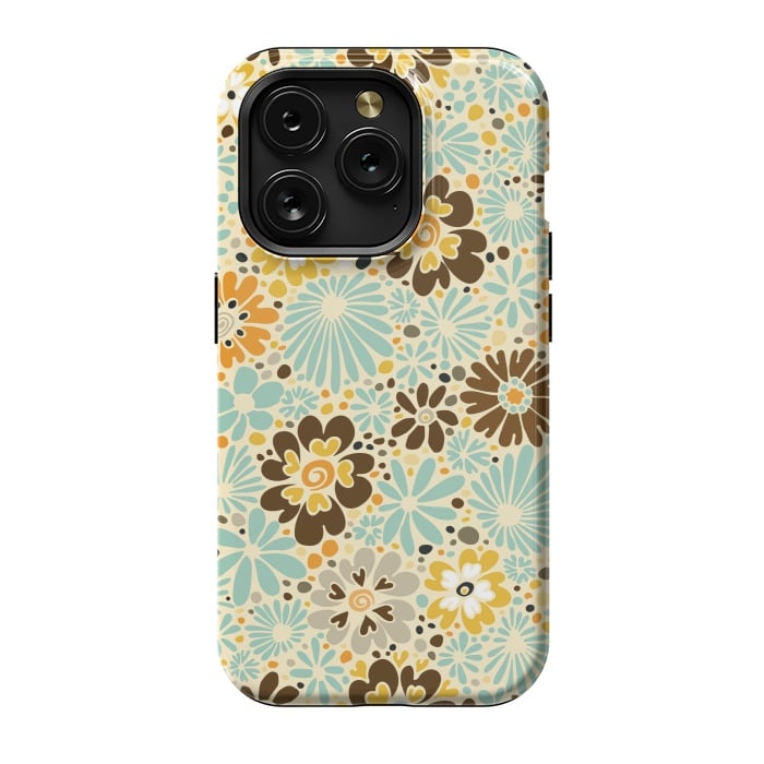 iPhone 15 Pro StrongFit 70s Valentine Flowers in Orange, Brown and Blue by Paula Ohreen