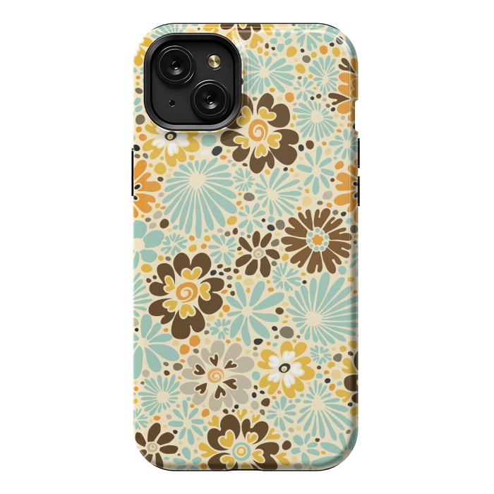 iPhone 15 Plus StrongFit 70s Valentine Flowers in Orange, Brown and Blue by Paula Ohreen