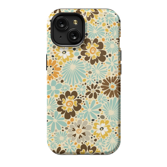iPhone 15 StrongFit 70s Valentine Flowers in Orange, Brown and Blue by Paula Ohreen